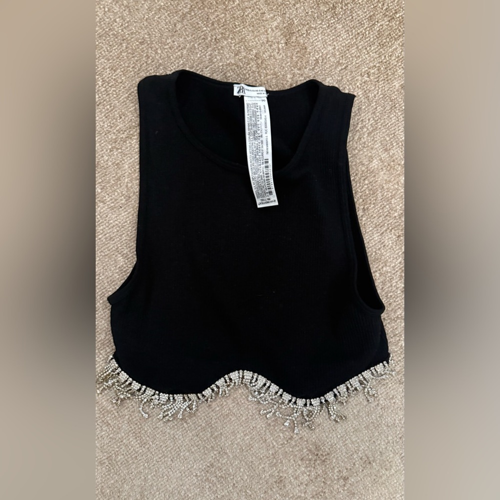 Zara cropped Black Sleeveless Top with Fringe